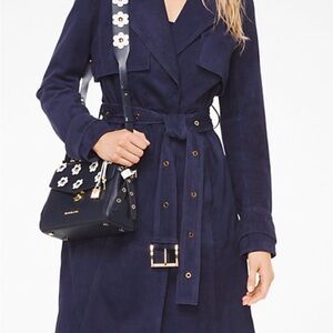 Navy blue belted suede coat